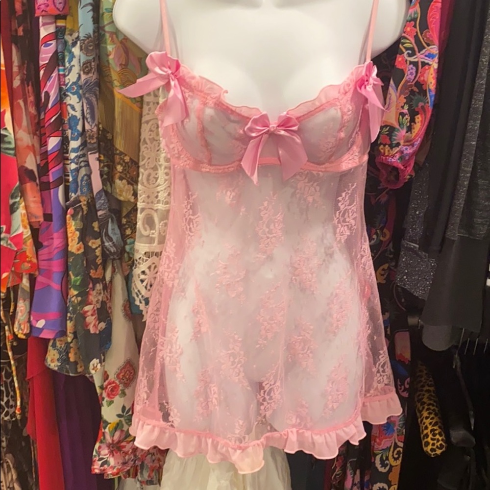 💗 Transparent Baby doll in Pink lace and Satin L💗